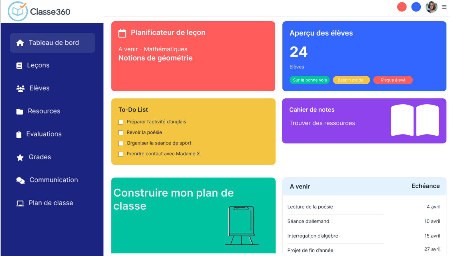 Aperçu du tableau de bord Classe360